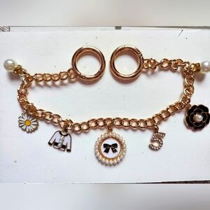 Gold Charm Bag Charm Bracelet with Floral and Pearl Accents NIP